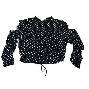 Free People Polka Dot High Neck Ruffled Shoulders Blouse Shear Back, Medium